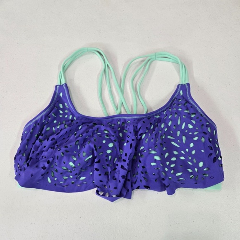 Calia Women Swimwear Medium Blue Lasercut Flower Strappy Bikini Top Lightly Line